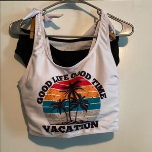 White Graphic Tank Top with Palm Tree Design Bikini M